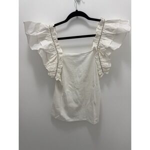 Marc New York Ruffle Sleeve Top White Rhinestone Trim Square Neck Blouse Size M